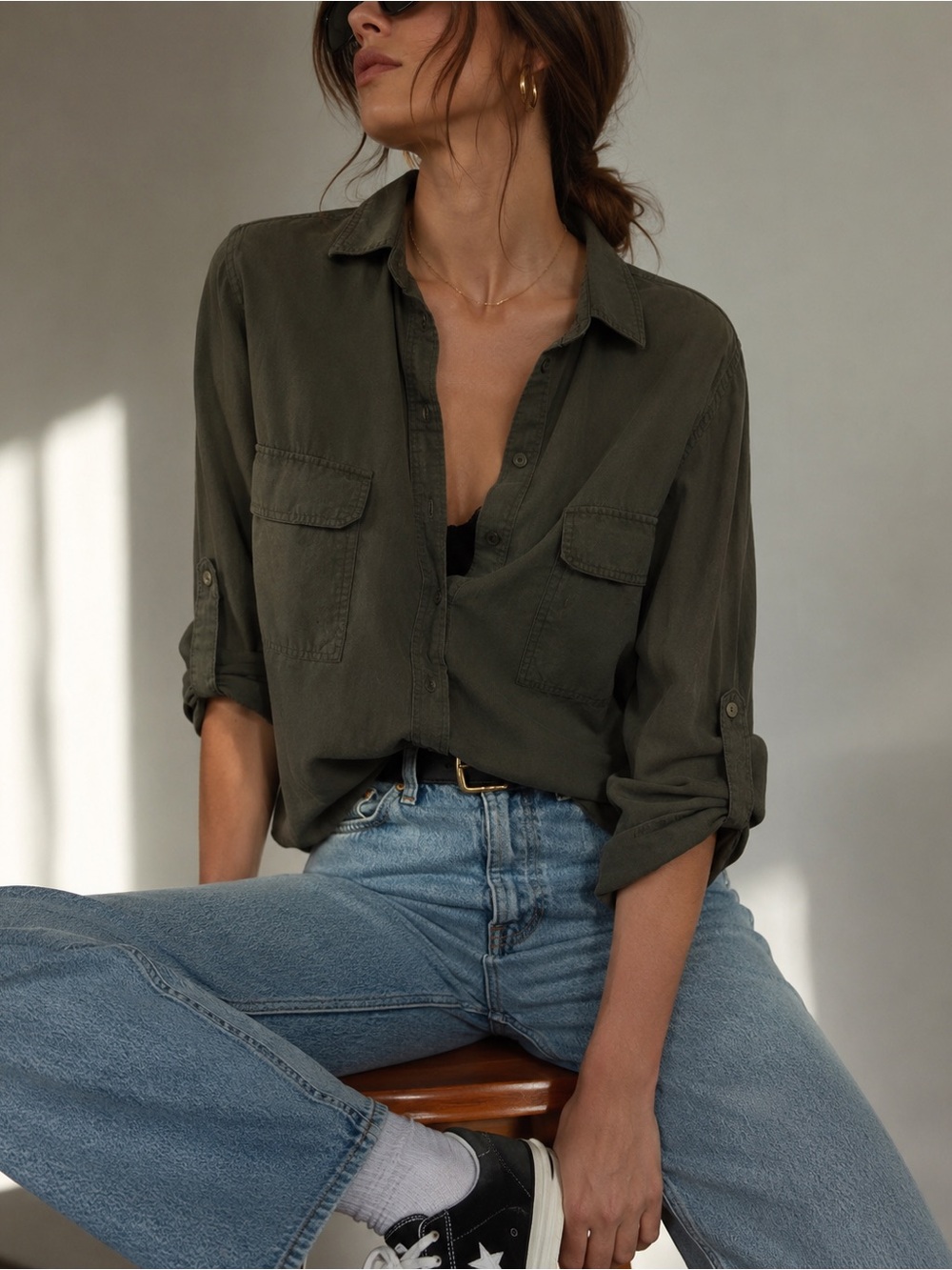 Aritzia The Group Babaton Lyocell Utility Button Down Shirt Brown Small